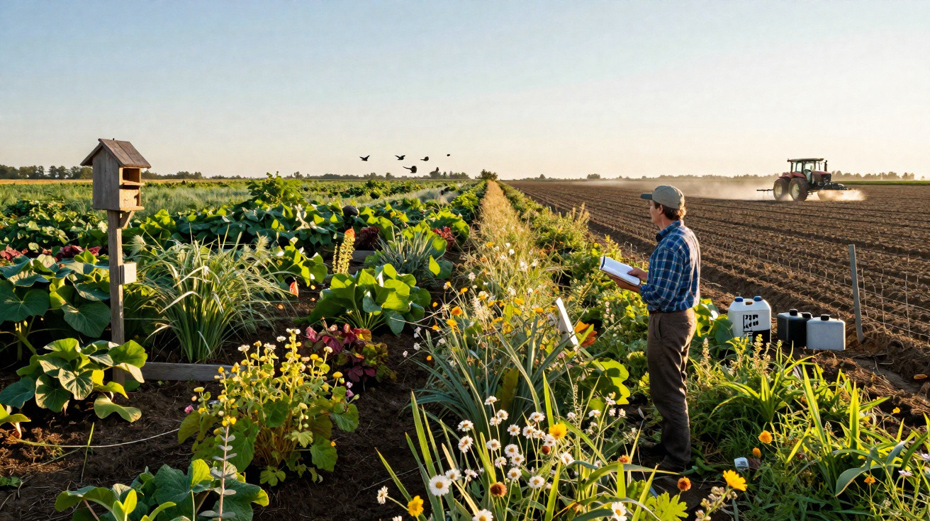 Agricultor observa plantações diversas enquanto trator prepara o solo em campo ao amanhecer.