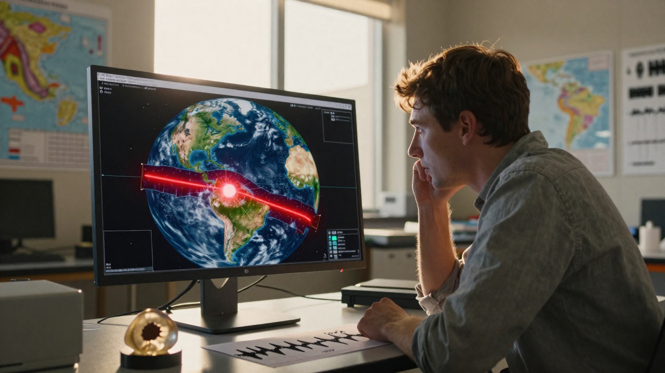Homem observando atentamente representação digital da Terra com faixa vermelha brilhante e ponto de luz no centro.