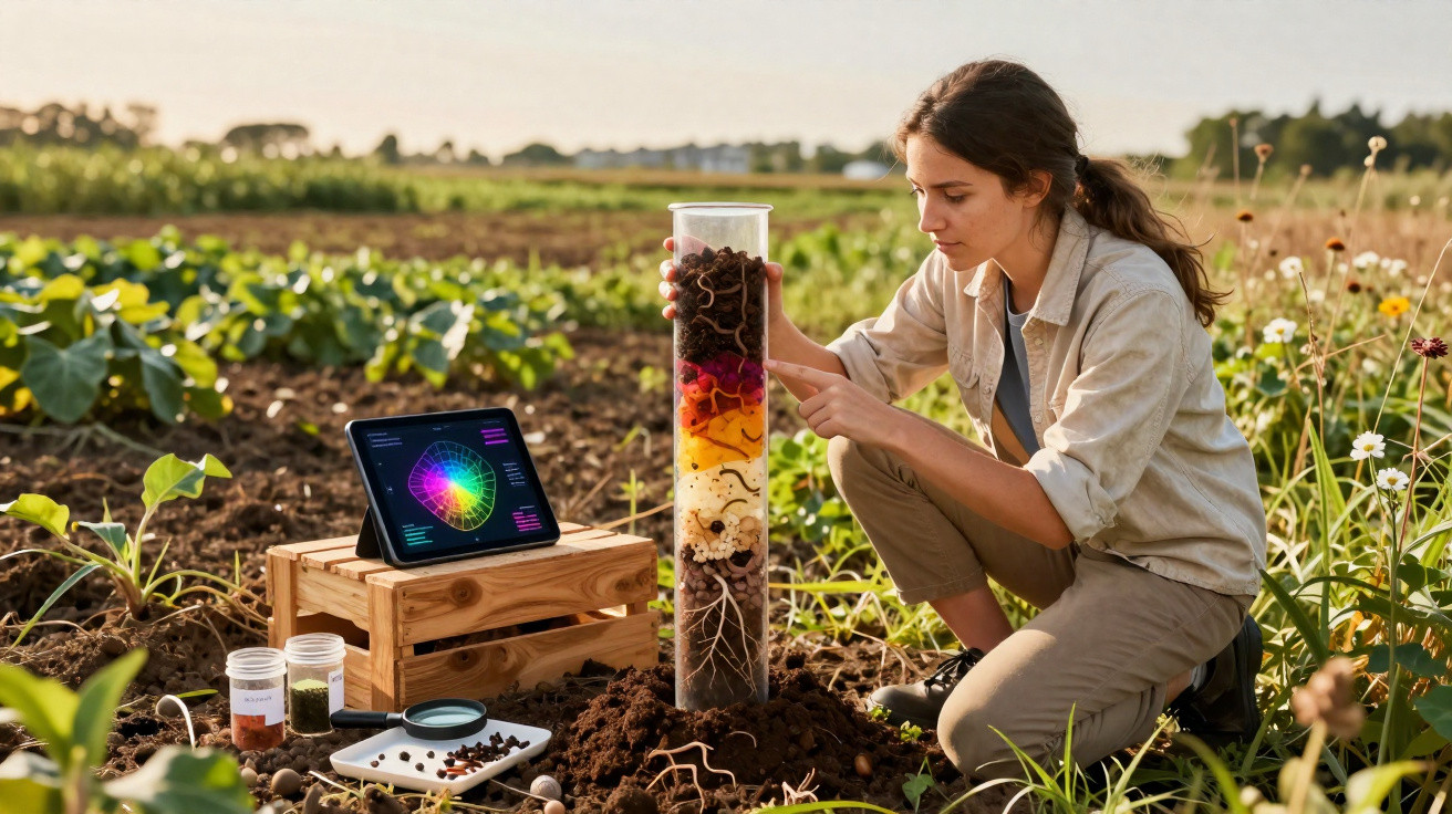 Mulher analisa perfil do solo em experimento agrícola com tablet e amostras em campo aberto.