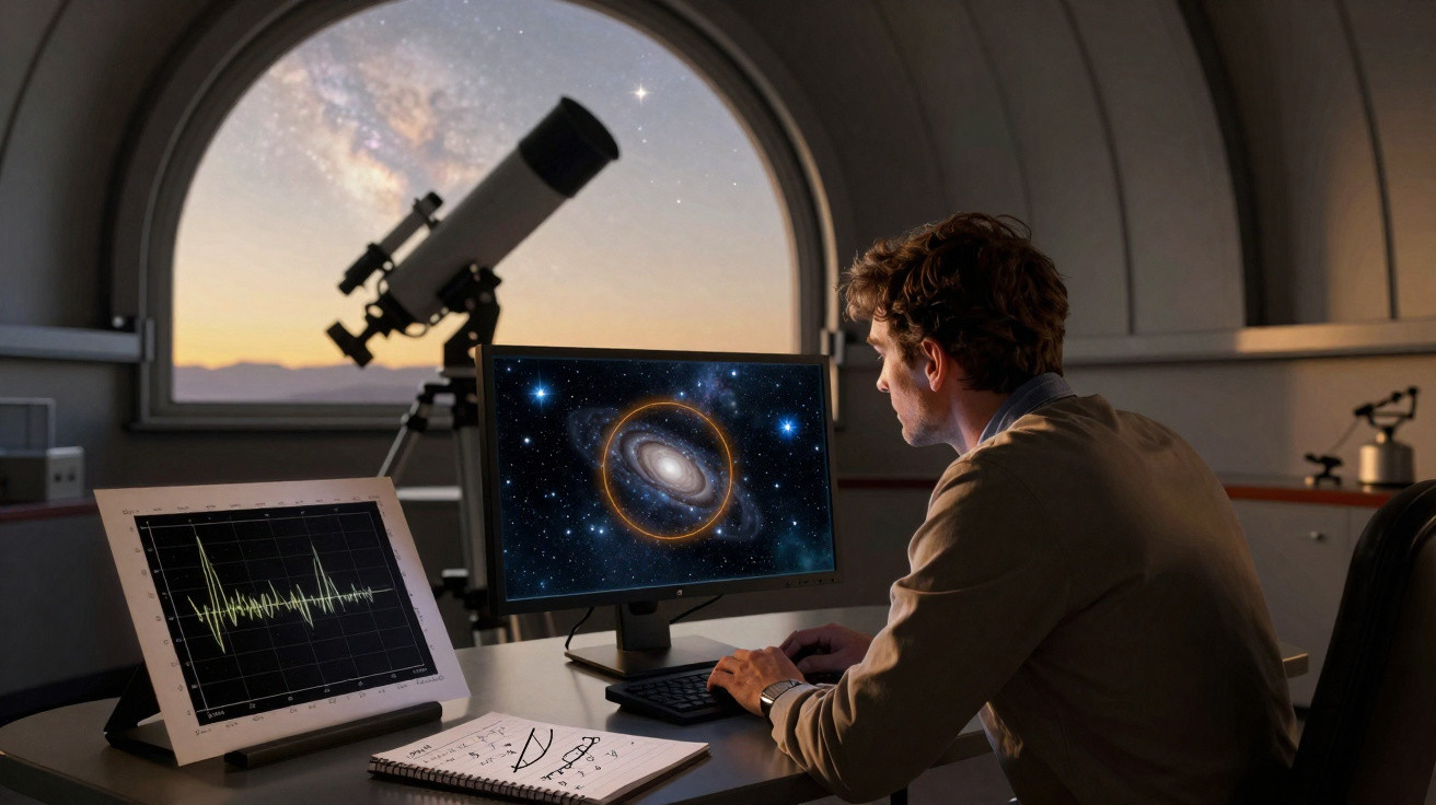 Homem observa simulação do espaço em computador dentro de observatório com telescópio ao fundo.