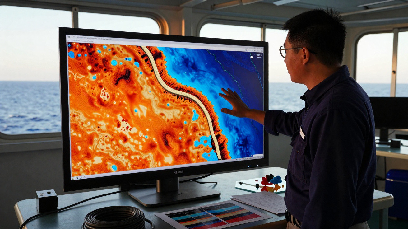 Homem analisa mapa topográfico colorido em tela grande dentro de uma embarcação com vista para o mar.