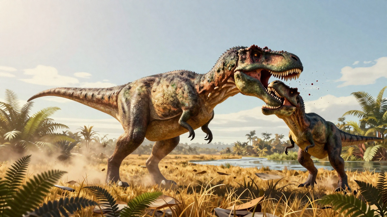 Dois dinossauros carnívoros lutando em uma paisagem pré-histórica com plantas e um lago ao fundo.