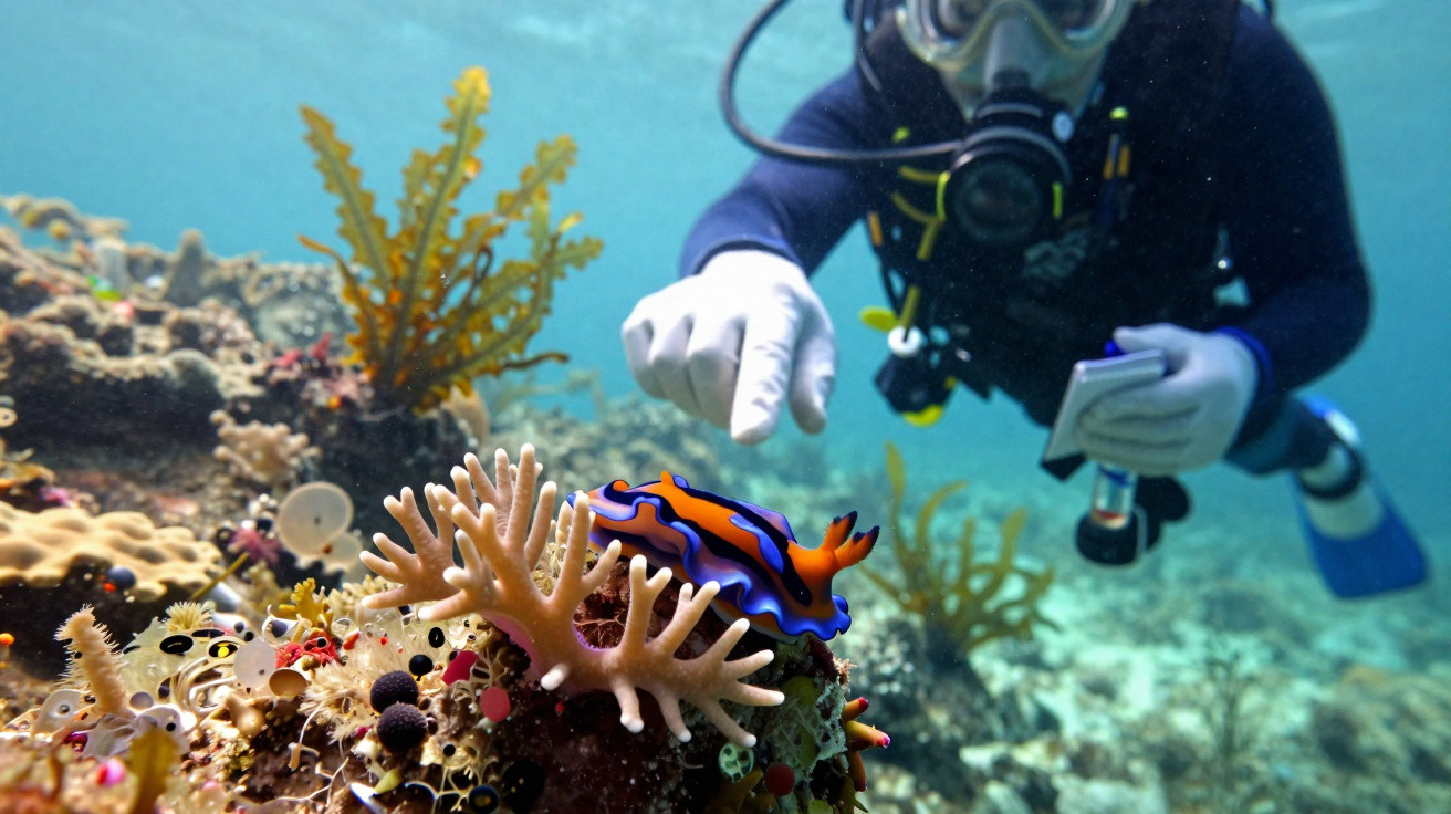 Mergulhador apontando para um nudibrânquio colorido sobre coral em fundo marinho com plantas aquáticas.