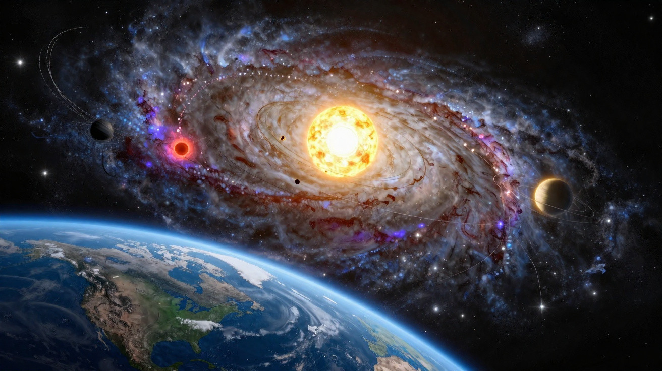 Imagem artística do sistema solar com o Sol, planetas e a Terra no espaço cósmico.