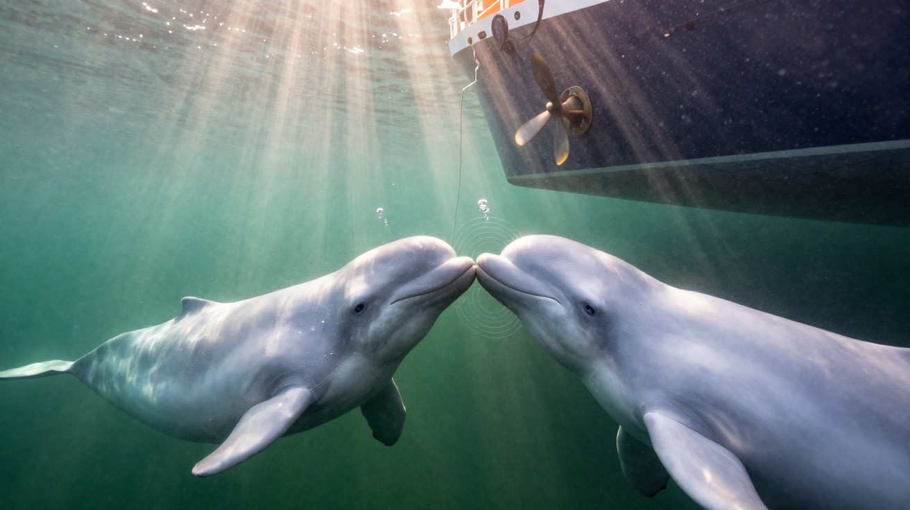 Dois golfinhos nadando próximos à superfície perto da proa de um barco com luz solar penetrando a água.