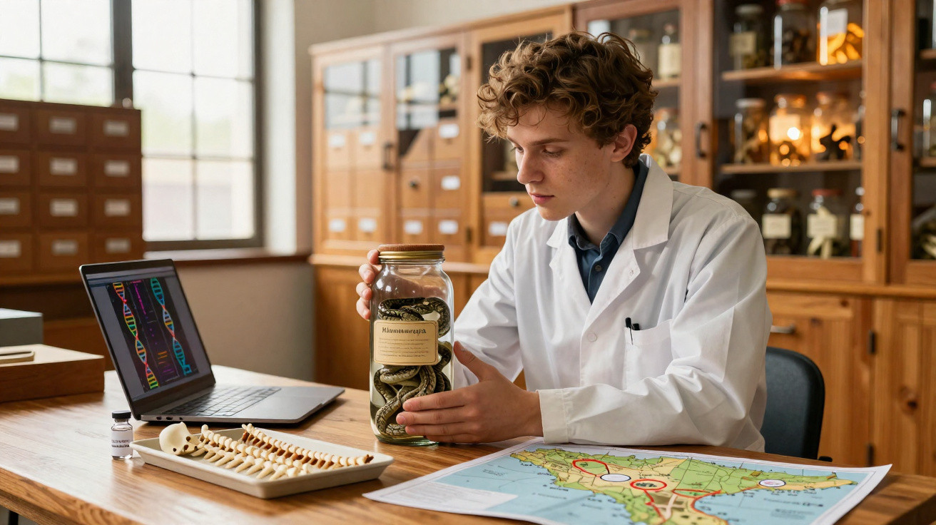 Jovem cientista em jaleco analisa jarro com cobras preservadas em laboratório, ao lado de laptop e mapa.