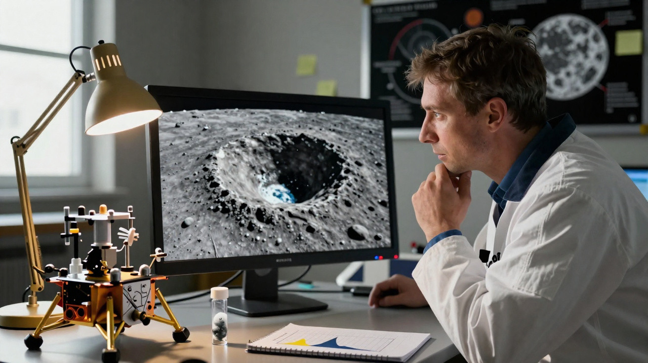 Cientista observando imagem de cratera lunar com gelo no computador em laboratório de pesquisa espacial.