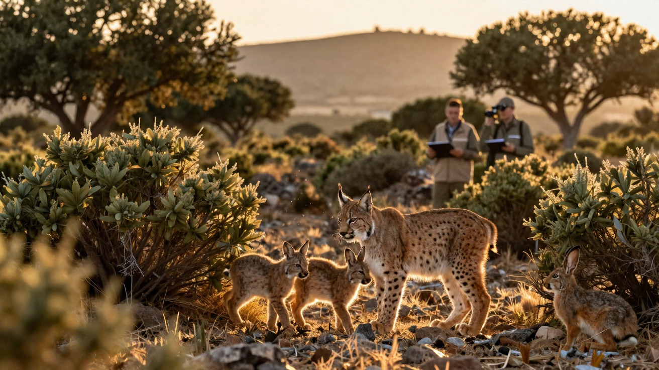 Lince com filhotes observam coelho enquanto pesquisadores os monitoram em área de vegetação seca ao pôr do sol.