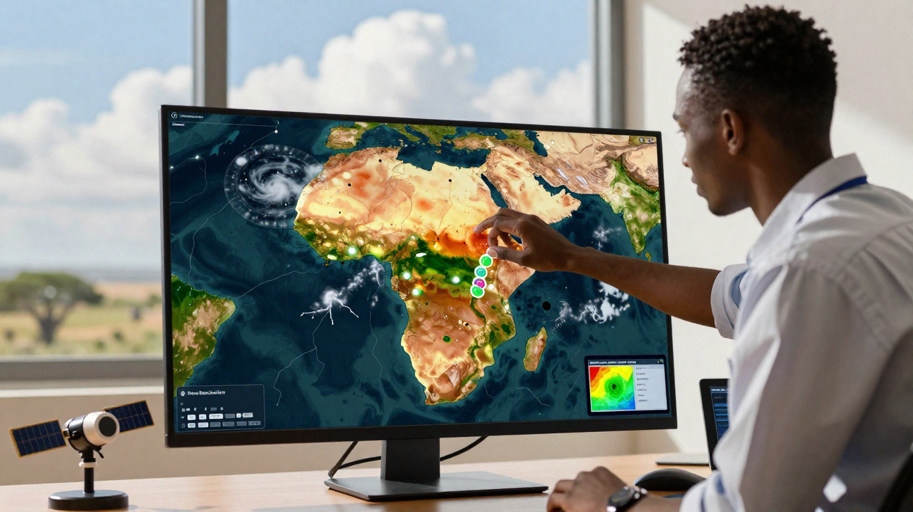 Homem analisa mapa climático interativo da África em monitor de computador com modelo de satélite na mesa.