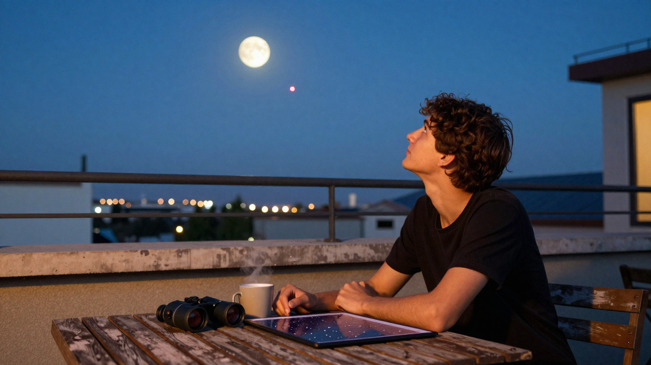 Jovem observa a lua cheia no céu noturno sentado em mesa de madeira com binóculo e tablet.
