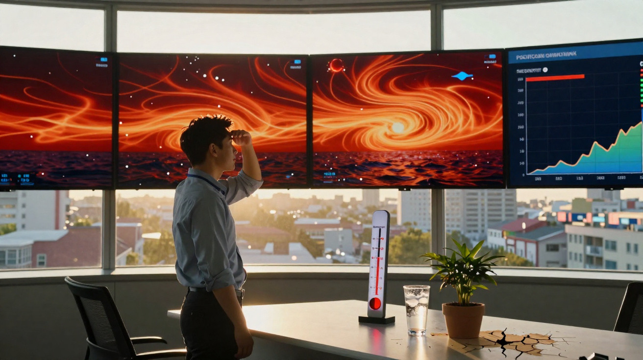 Homem observa telas com gráficos de dados e simulação de energia em escritório com janela grande.
