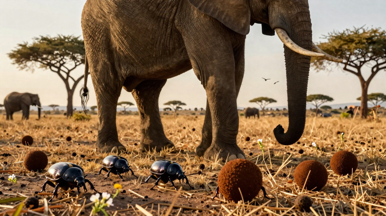 Elefante com escaravelhos rolando bolas na savana africana ao amanhecer.