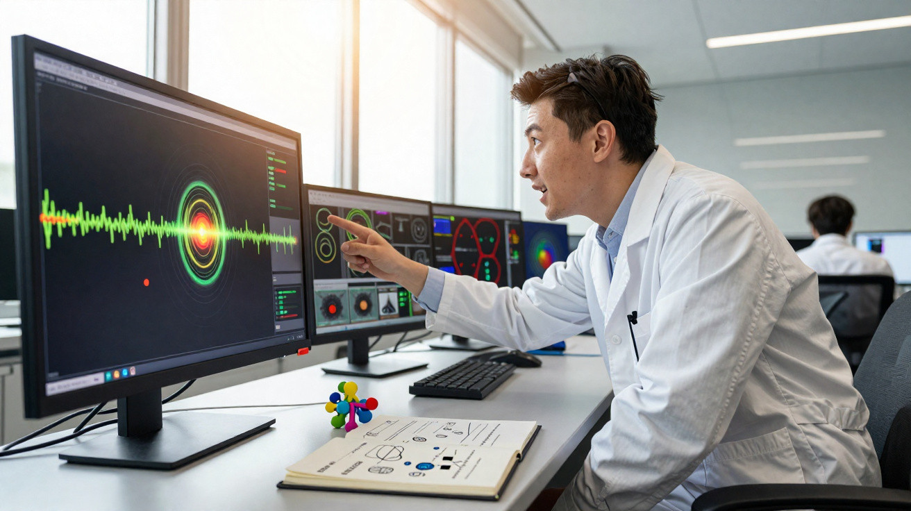 Cientista em laboratório analisando gráficos coloridos em múltiplos monitores enquanto aponta para a tela.