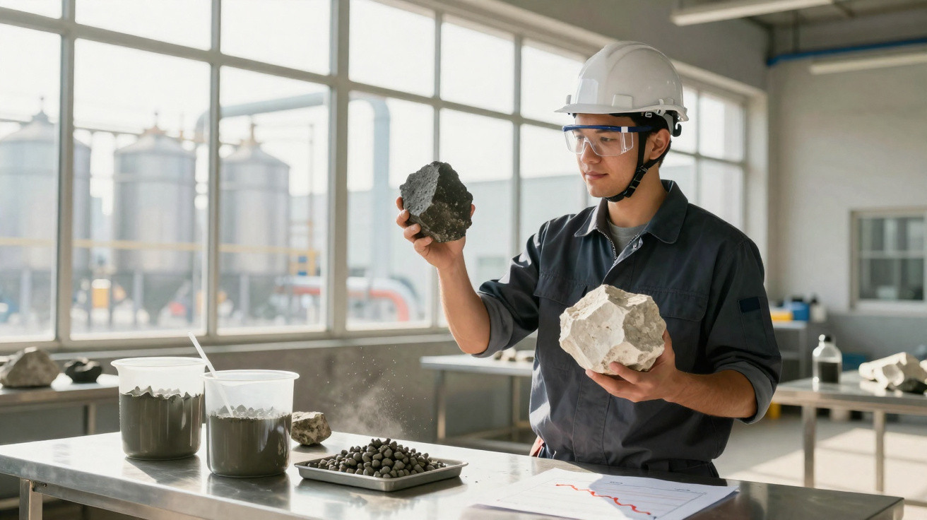 Homem com capacete segurando dois tipos de rochas em laboratório de análise geológica.
