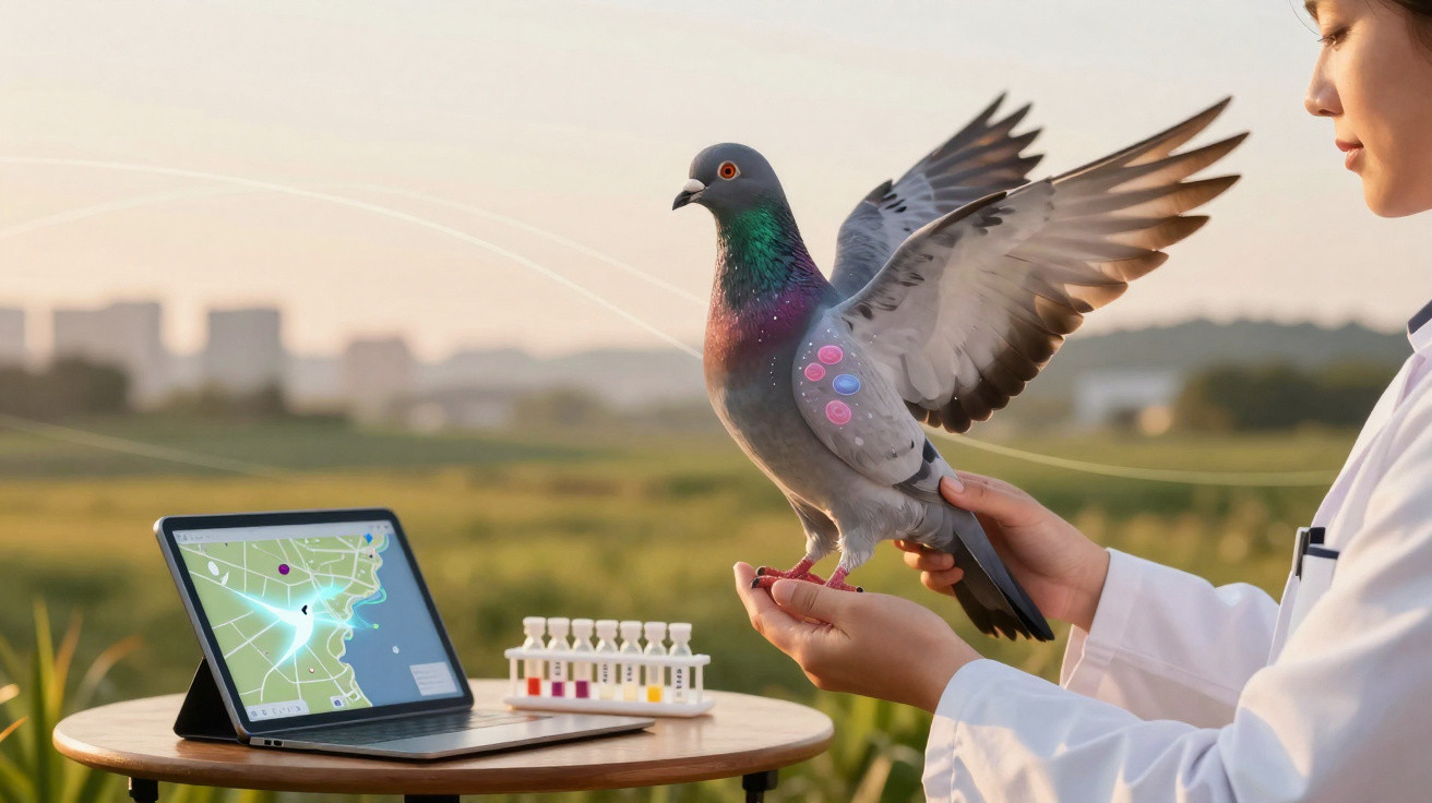 Pessoa segurando pombo com sensores enquanto tablet exibe mapa e tubos de ensaio estão na mesa ao ar livre.