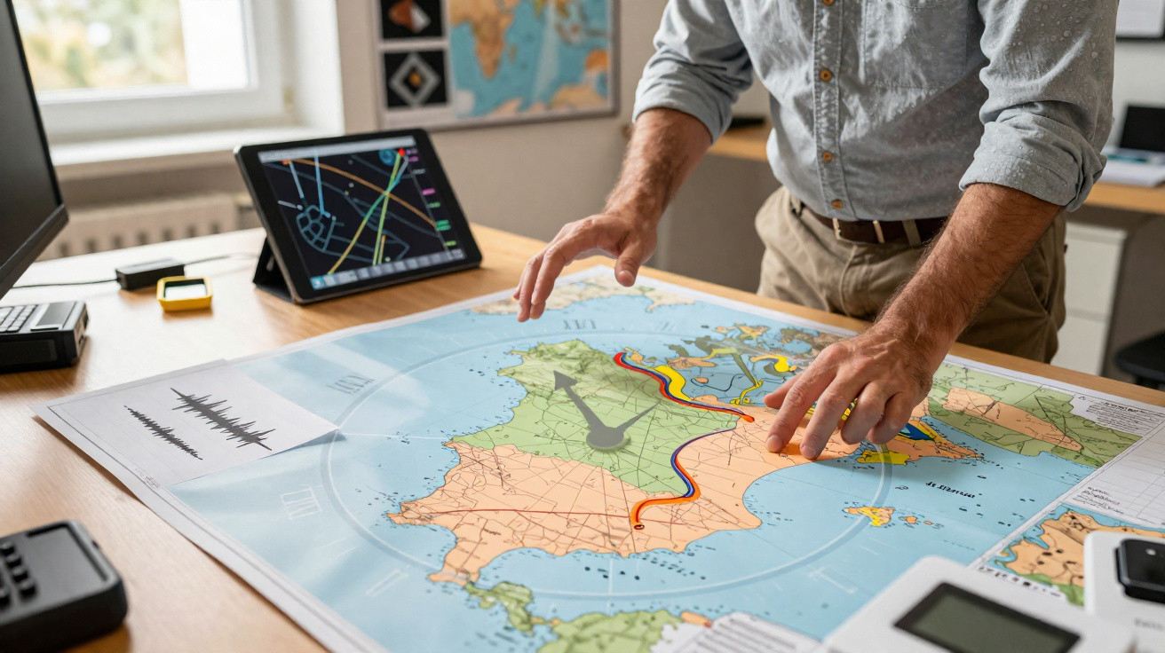 Pessoa analisando mapas e rotas em mesa com tablet e gráficos ao redor em ambiente de escritório.