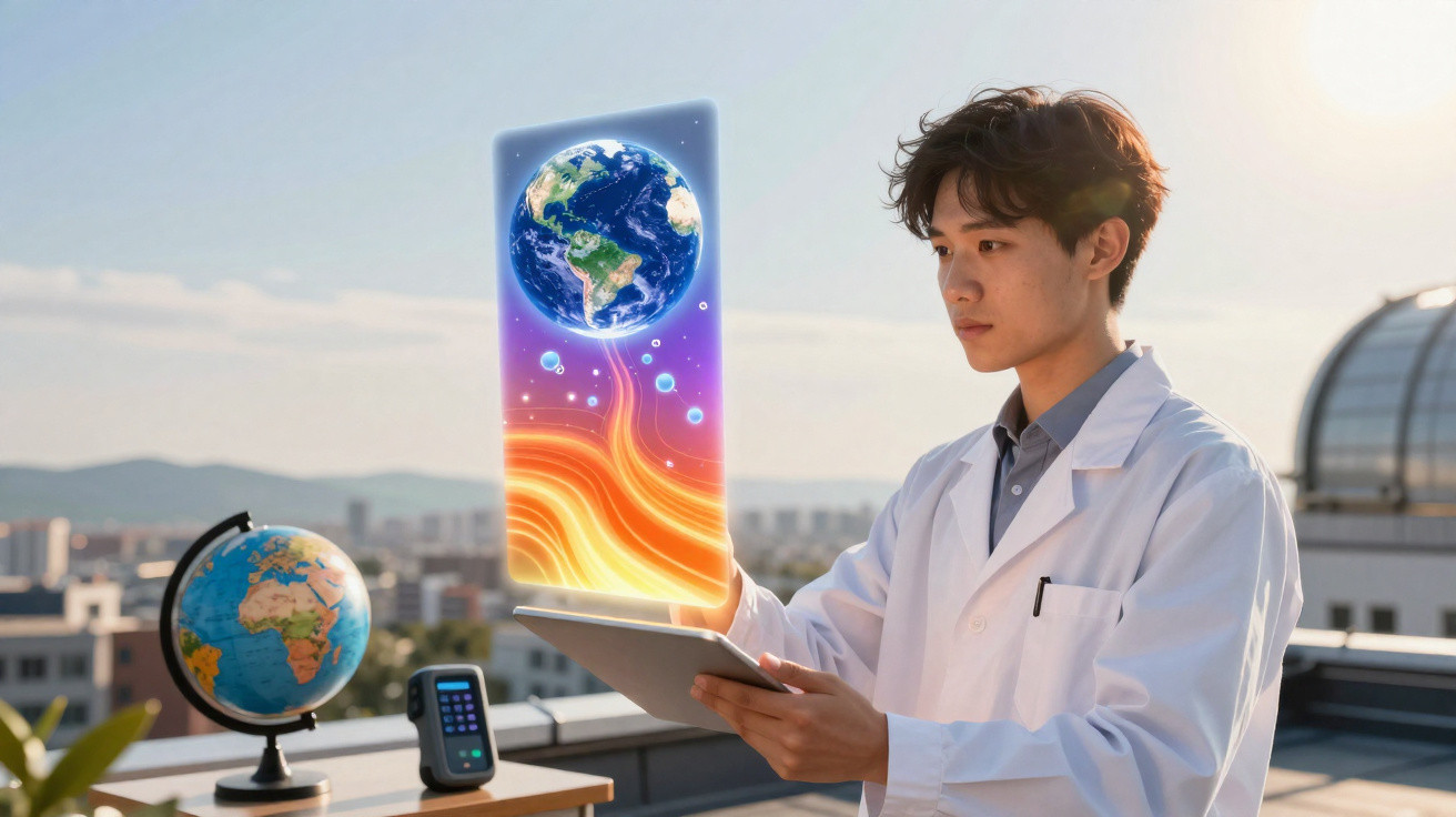 Homem com jaleco branco usa tablet exibindo projeção digital da Terra em ambiente externo.