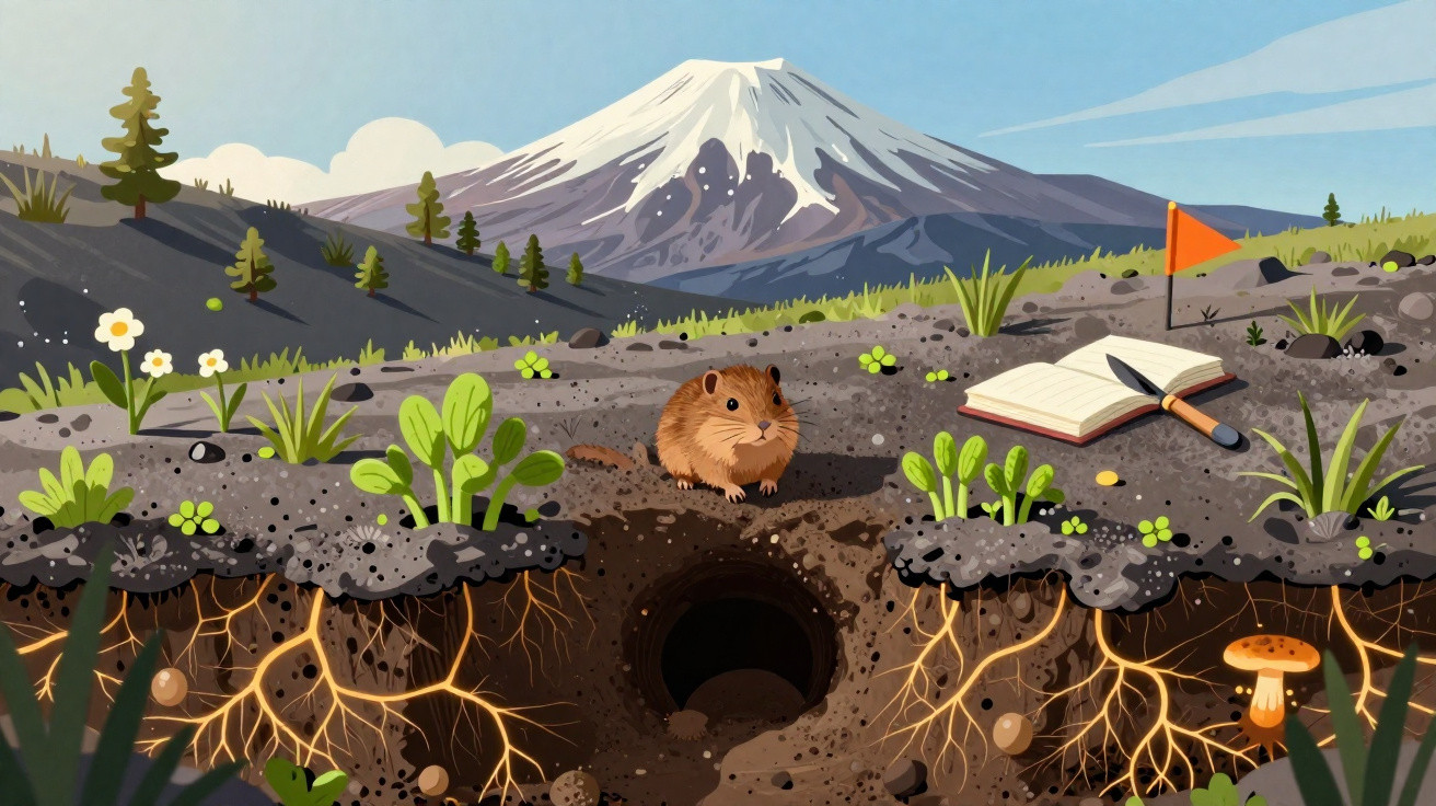 Roedor próximo à entrada de sua toca em terreno com vegetação rasteira e montanha nevada ao fundo.