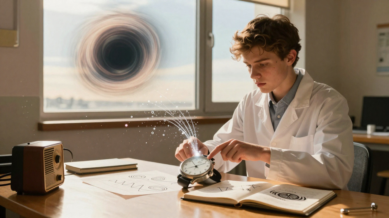 Jovem cientista ajustando um relógio despertador com efeitos visuais, buraco negro visível pela janela.