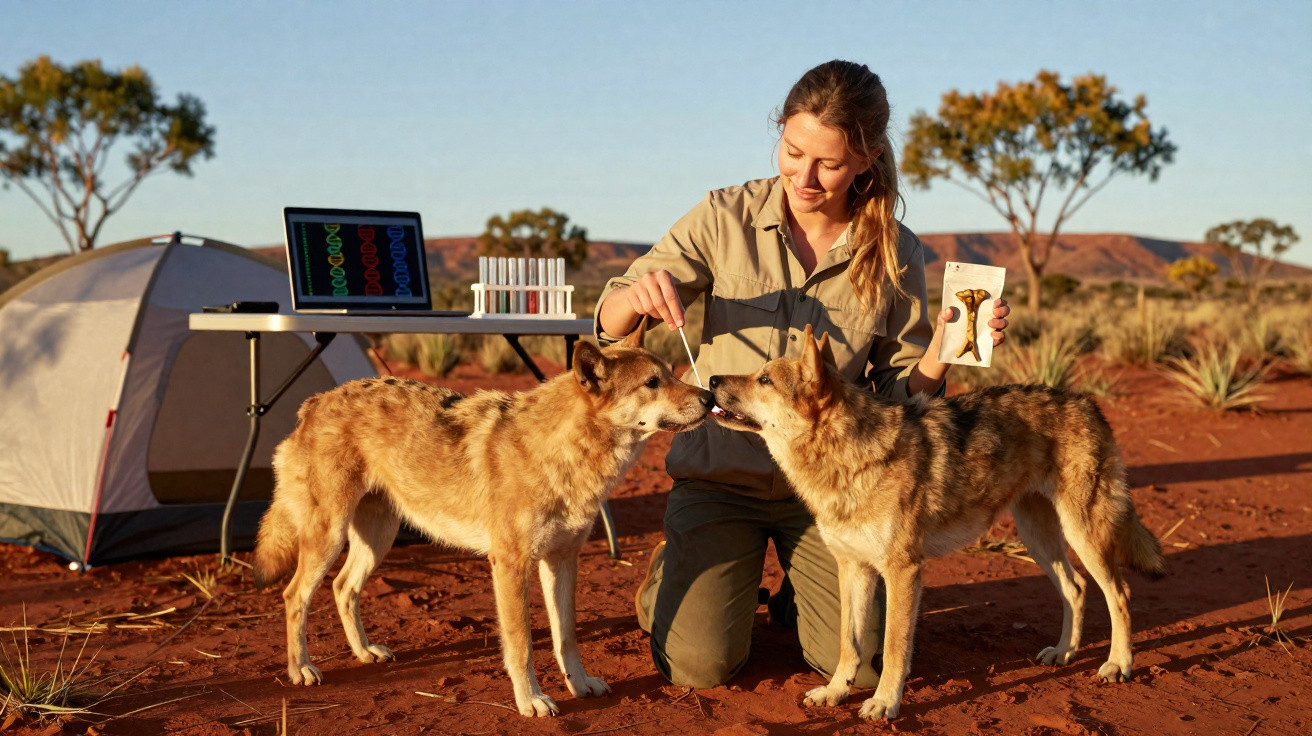 Mulher em acampamento alimenta dois cães com ambiente de pesquisa ao fundo em área desértica.
