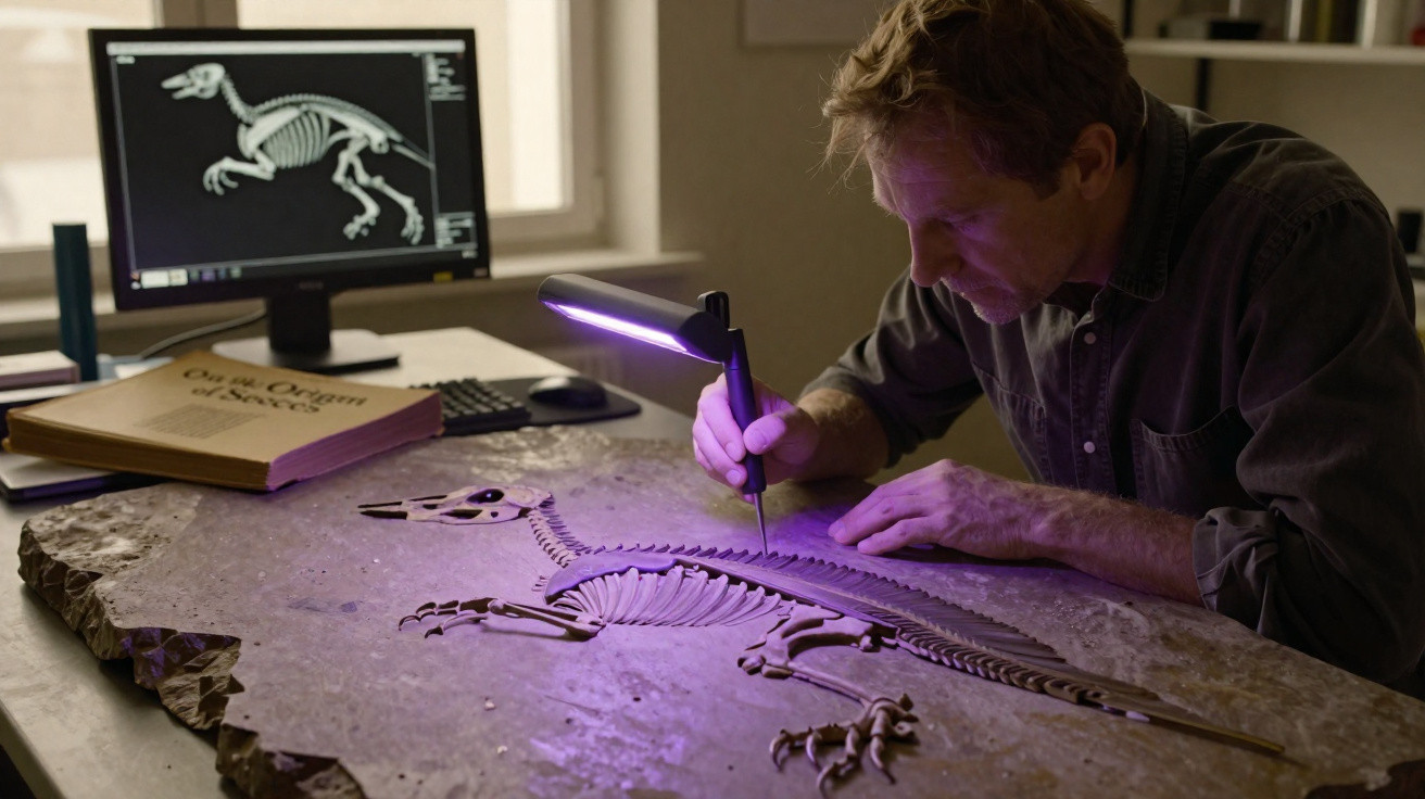 Cientista estudando fóssil de dinossauro em pedra com iluminação violeta em laboratório.