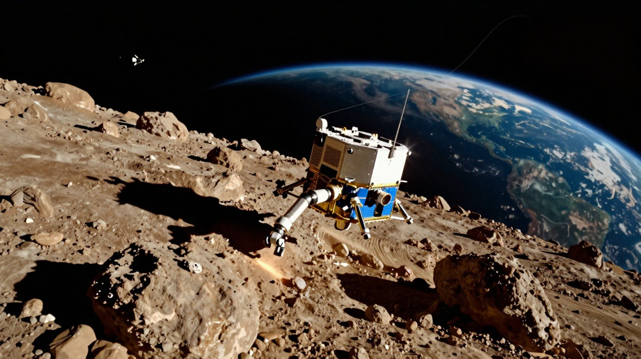 Robô explorador em superfície rochosa de asteroide com a Terra ao fundo no espaço sideral.
