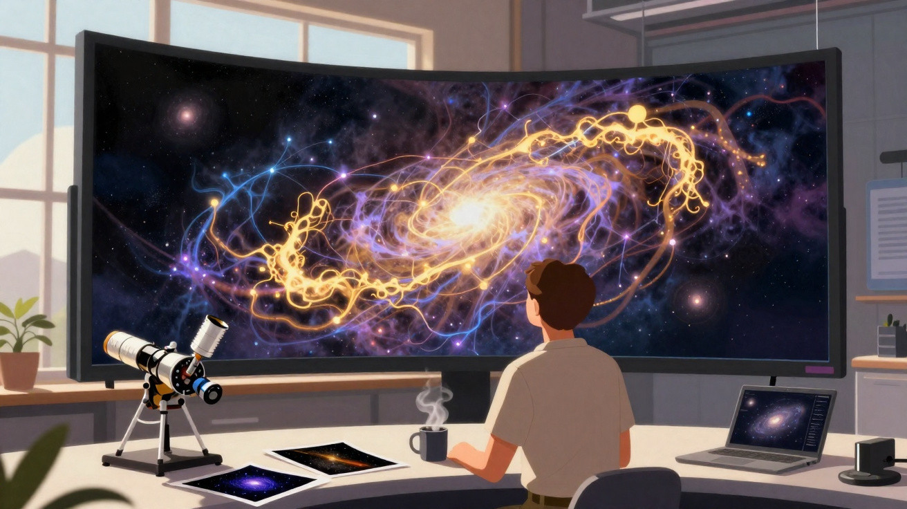 Pessoa observando galáxia brilhante na tela curvada, com telescópio, laptop e plantas ao redor.