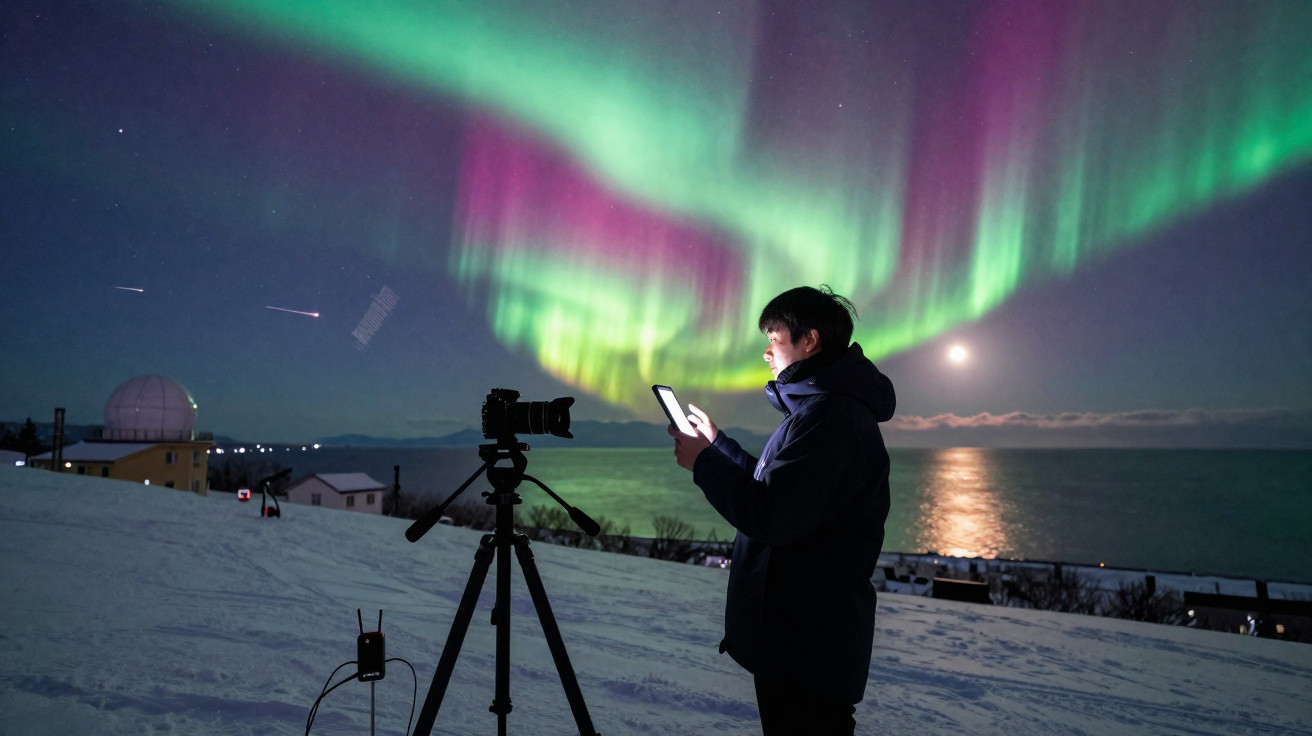 Pessoa em roupa de frio, segurando tablet, observa aurora boreal verde e roxa sob céu noturno no lago congelado.