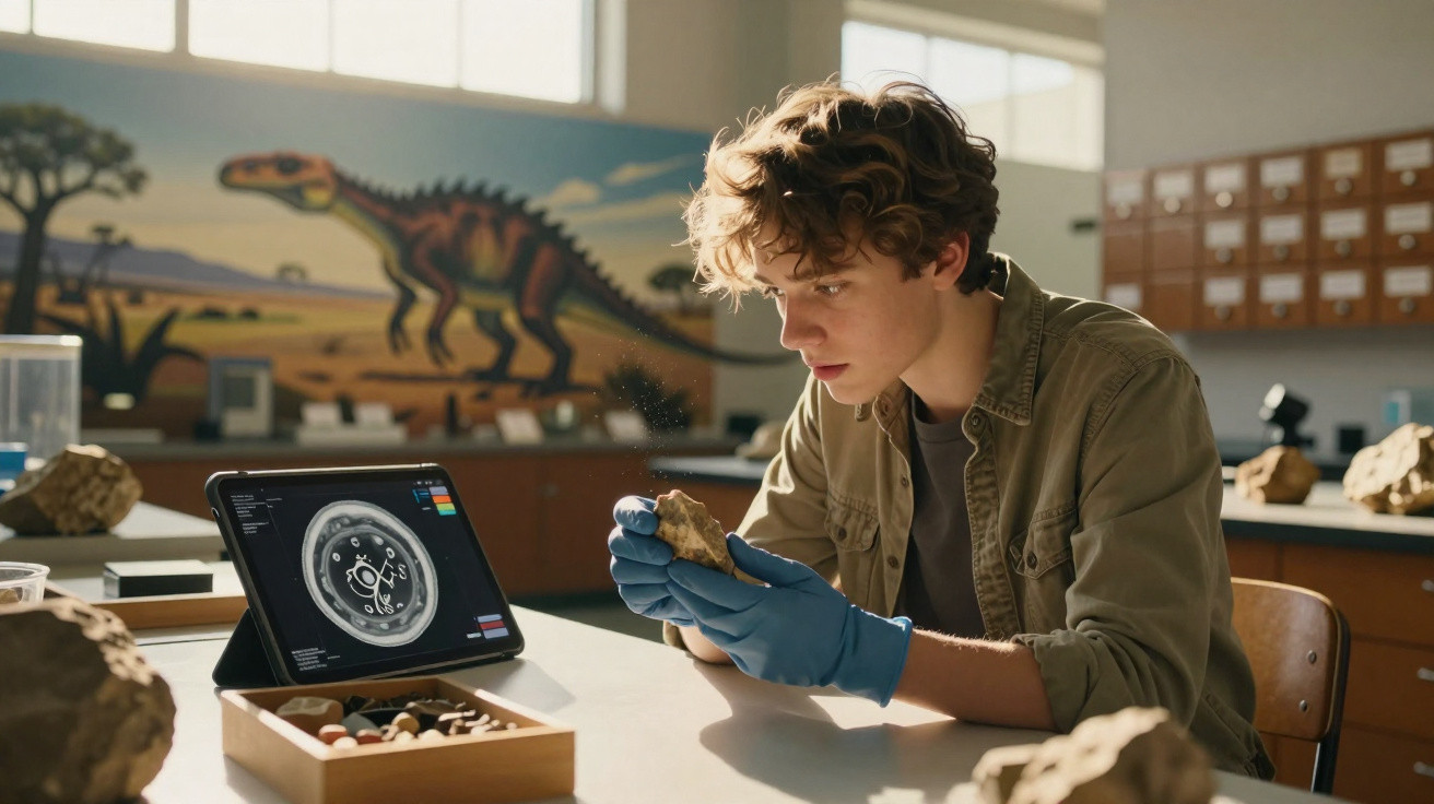 Jovem pesquisador estuda fóssil usando luvas azuis em laboratório com tablet e pintura de dinossauro.