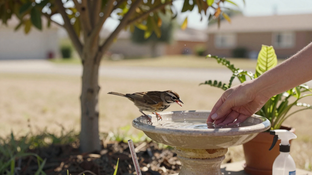 Pássaro bebendo água em fonte de jardim, com mão humana próxima e plantas ao fundo.