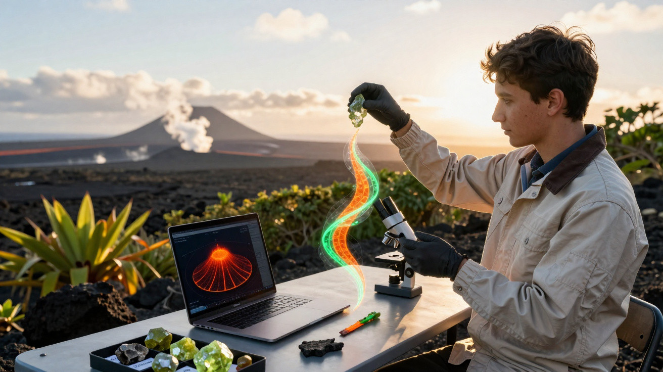 Jovem cientista analisa minerais com laptop e microscópio em campo próximo a vulcão ativo ao pôr do sol.
