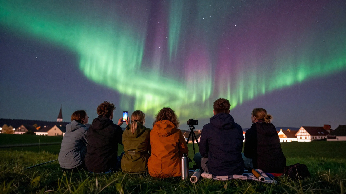 Cinco pessoas sentadas em campo observam e fotografam aurora boreal sobre vilarejo à noite.