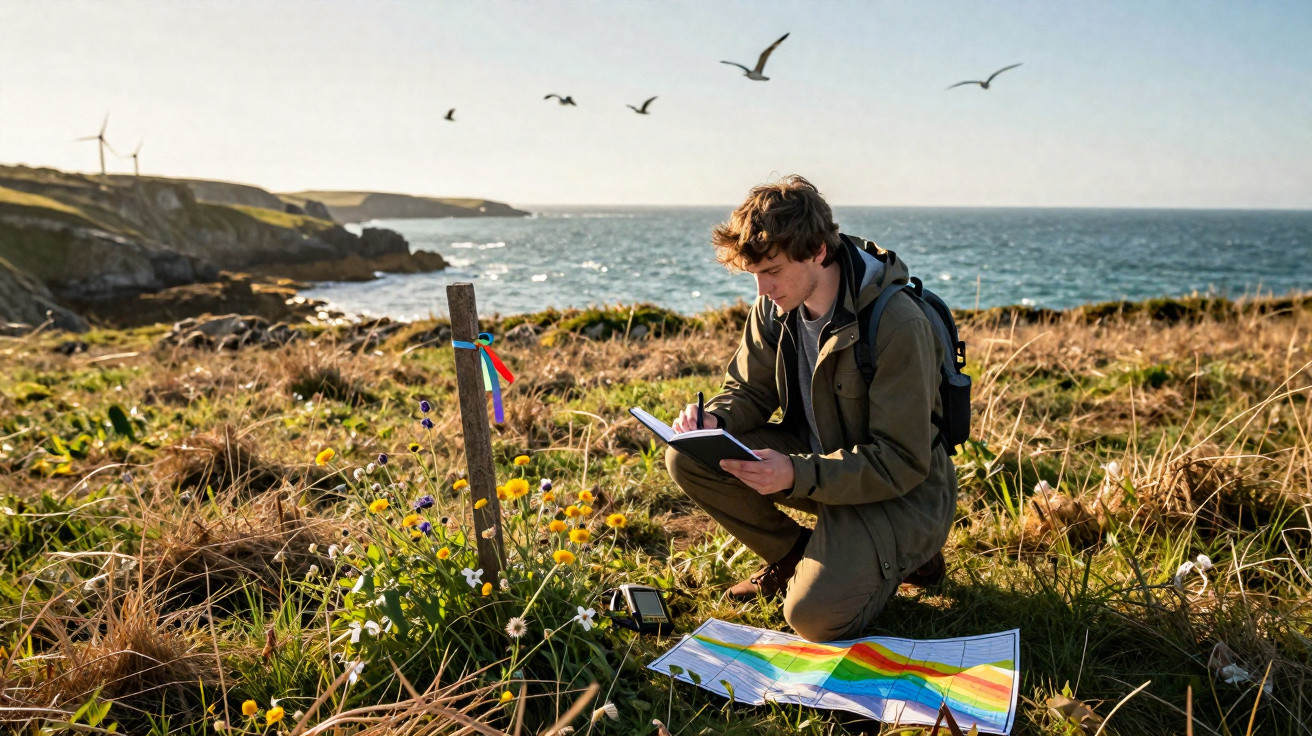 Jovem com mochila faz anotações em caderno próximo ao mar, flores e mapa colorido sobre a grama.