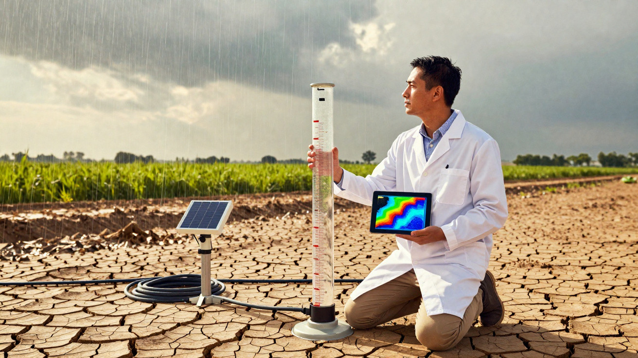 Agrônomo de jaleco analisa medidor de chuva em campo seco, segurando tablet com dados coloridos.
