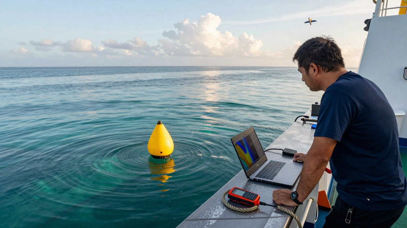 Homem usando laptop analisa dados próximo a boia amarela no mar, durante o dia em barco.