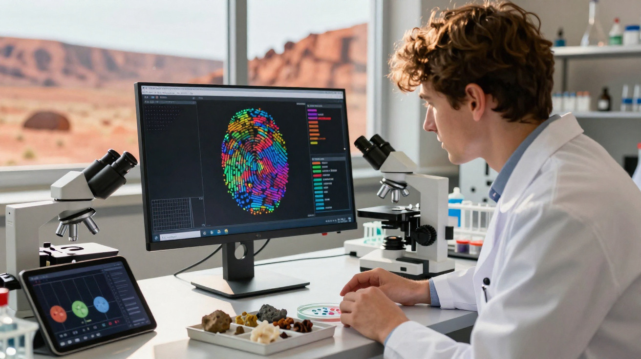Cientista analisa impressão digital colorida em tela do computador em laboratório com microscópios e amostras.