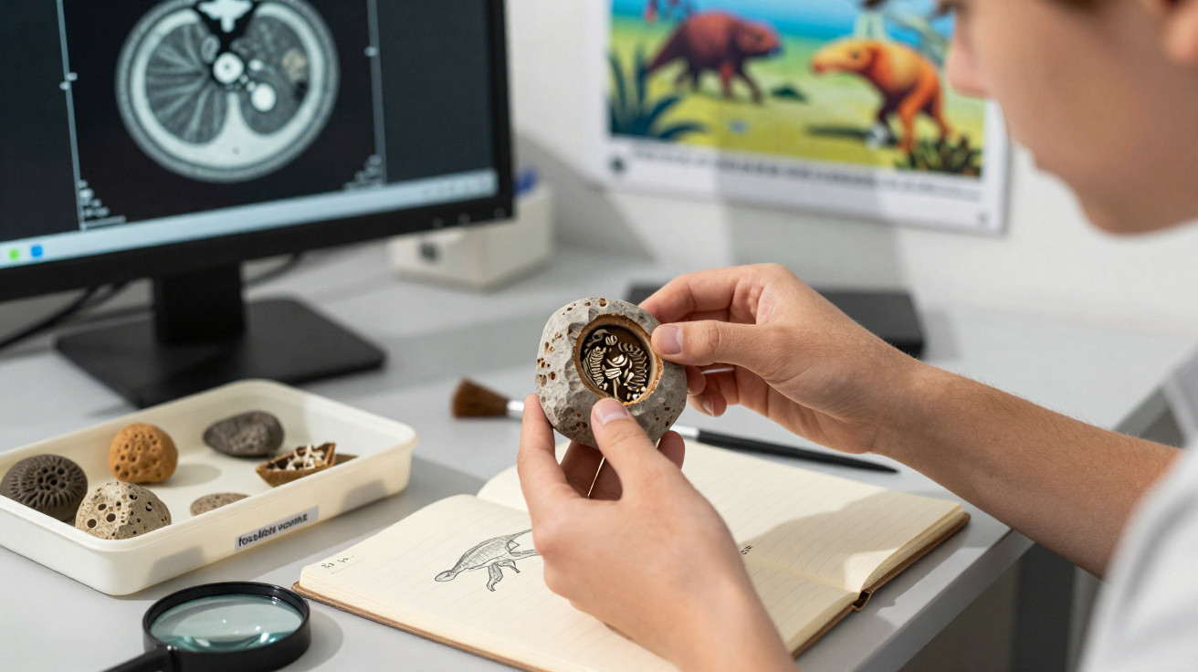 Pessoa analisando fóssil em pedra com desenhos de animal pré-histórico em mesa com materiais e computador atrás.