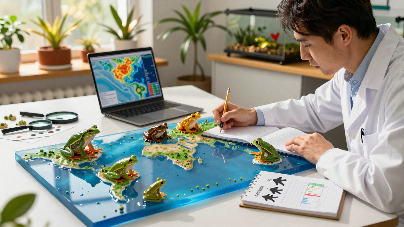 Cientista fazendo anotações em mapa com modelos de sapos coloridos para estudo ambiental.
