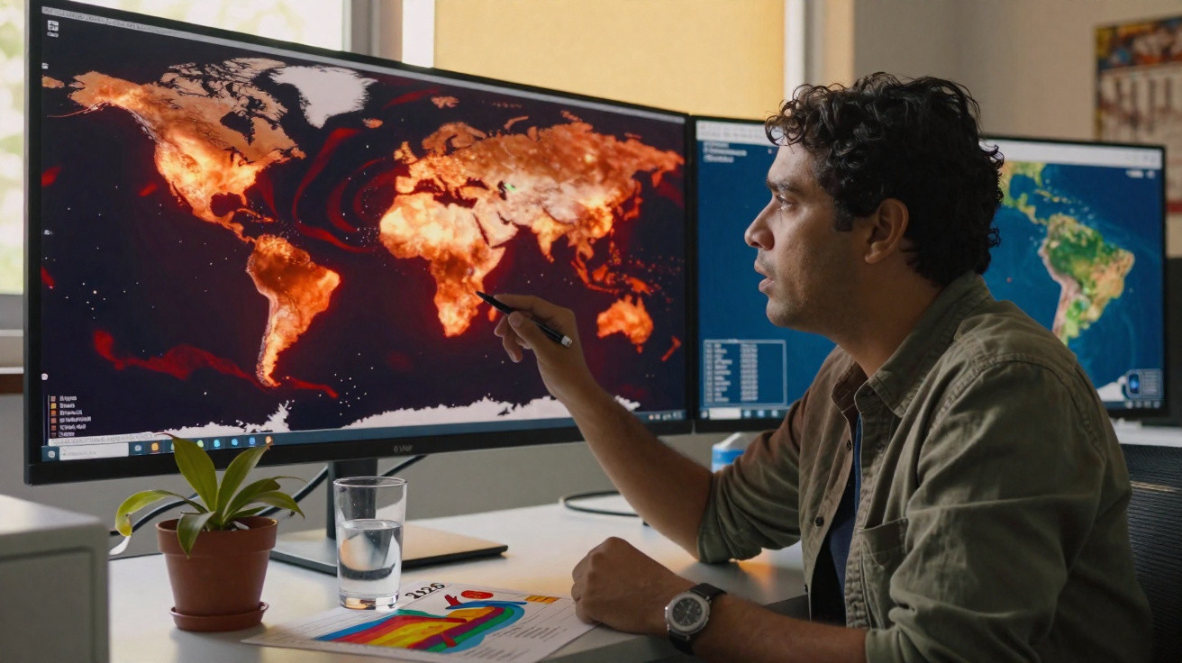 Homem analisando mapas de calor do mundo em dois monitores em escritório moderno.