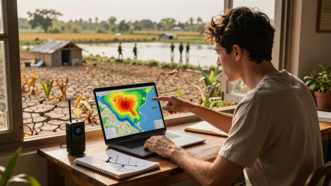 Homem analisa mapa de calor de área seca em laptop perto da janela com vista para terreno ressecado.
