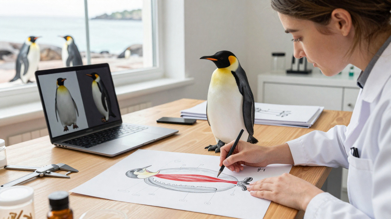 Mulher cientista desenha anatomia de pinguim em papel enquanto observa pinguim real sobre a mesa.