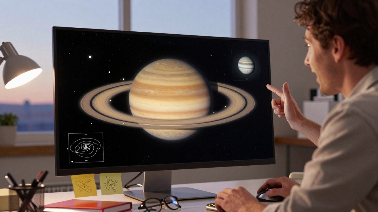 Homem analisando imagem digital do planeta Saturno em monitor de computador em ambiente de escritório.