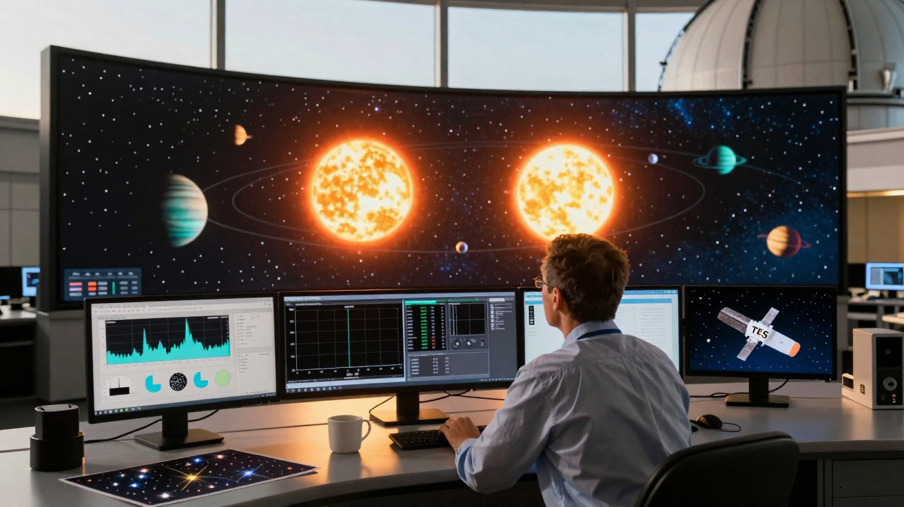 Cientista observando dados astronômicos em múltiplos monitores com imagens do espaço e planetas.
