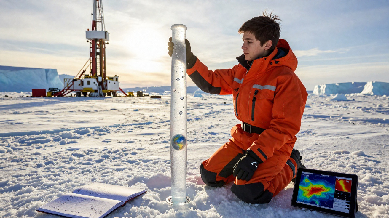 Pessoa de roupa laranja coleta amostra de gelo na neve com equipamentos científicos e tablet ao lado.