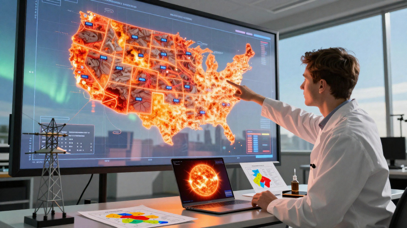 Cientista analisa mapa digital dos EUA com simulação de incêndios e dados sobre energia solar em laboratório moderno.