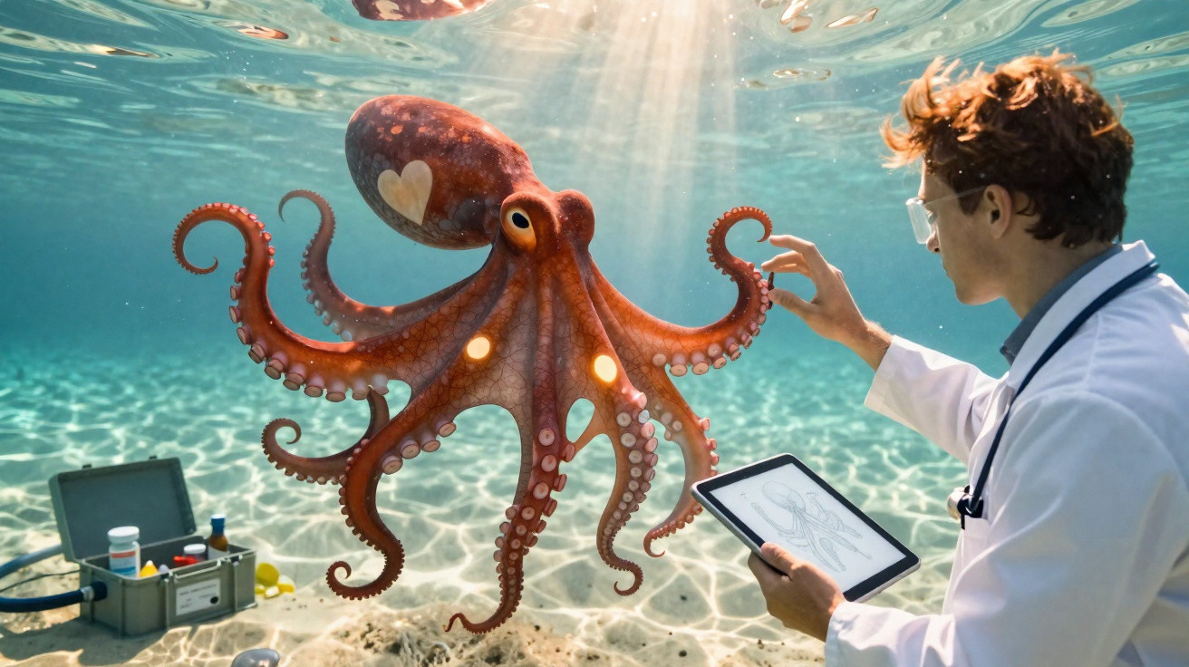 Cientista com tablet estuda polvo vermelho subaquático iluminado por raios de sol no fundo do mar.