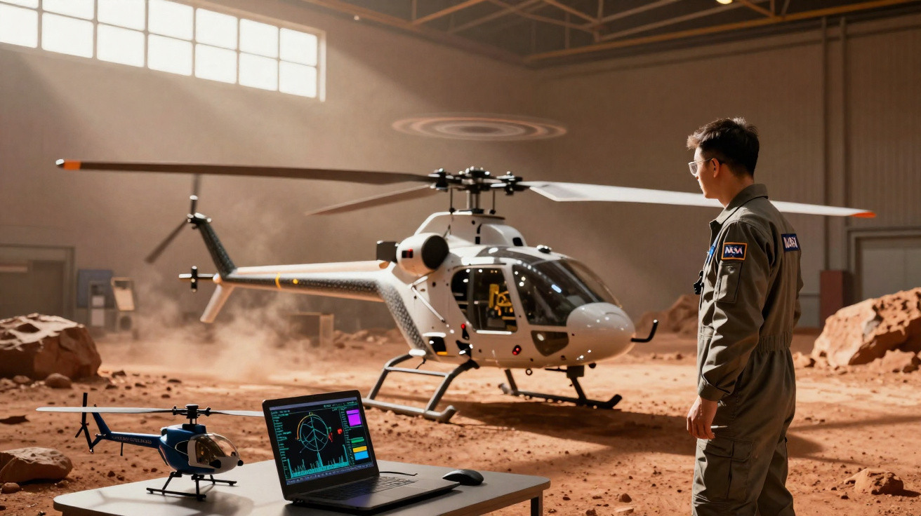 Homem na roupa da NASA observa helicóptero em ambiente simulado de Marte com computador na mesa.