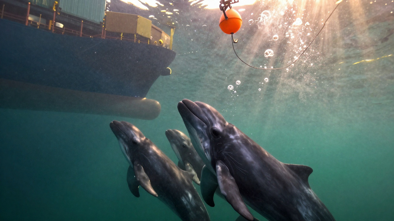 Três golfinhos nadando próximos à superfície, sob um navio cargueiro com contêineres.