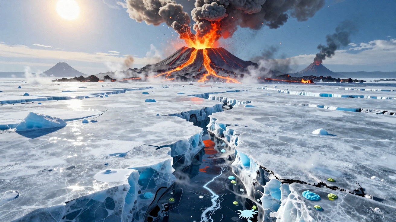Vulcão ativo em erupção com lava, fumaça e gelo rachado ao redor em paisagem polar.