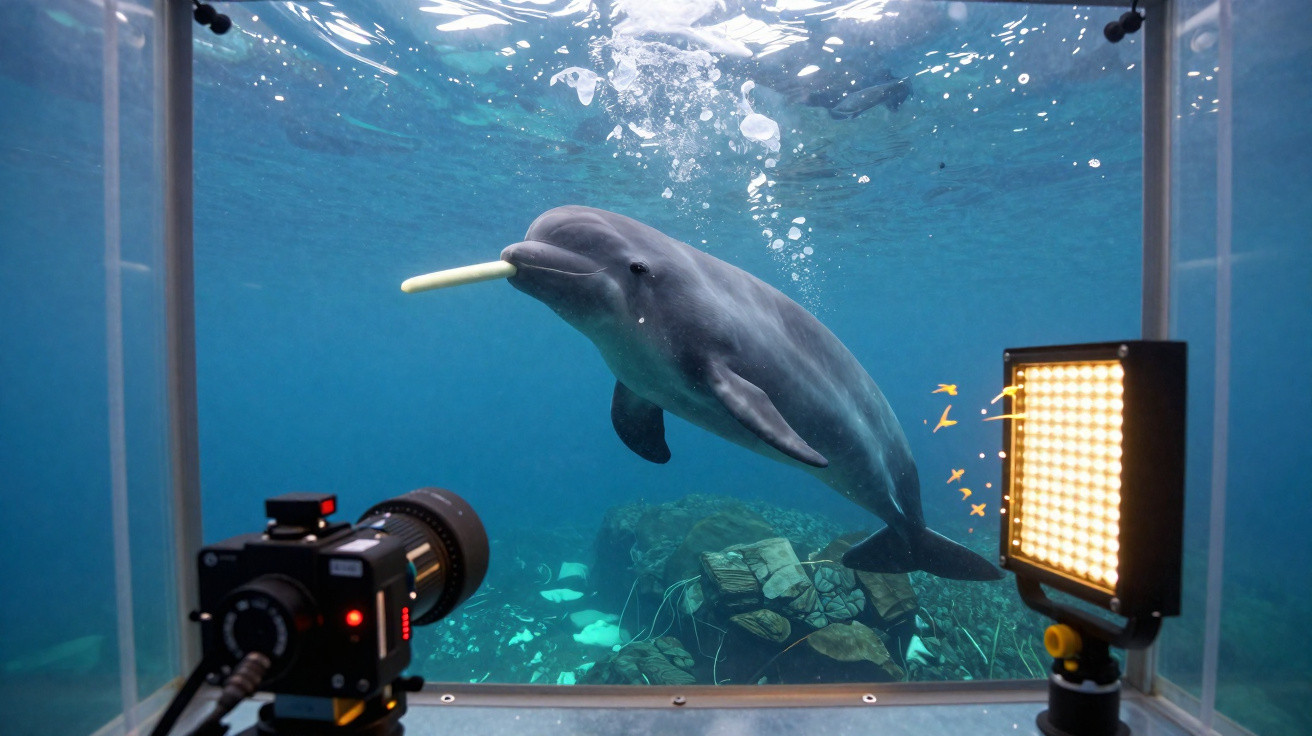 Golfinho com objeto na boca sendo filmado em tanque com iluminação artificial e câmera profissional subaquática.